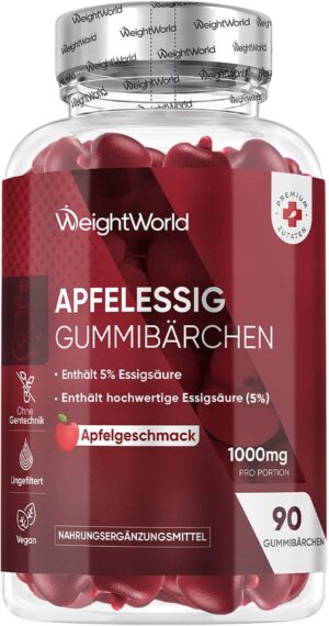 Ausdauer & Energie – Apple Cider Vinegar Gummy Bears 1000 mg - Vitamin C, B12, B6, B9 (Folic Acid) & Beetroot - 90 Vegan Gummies with Apple Flavour - Apple Cider Vinegar WeightWorld
