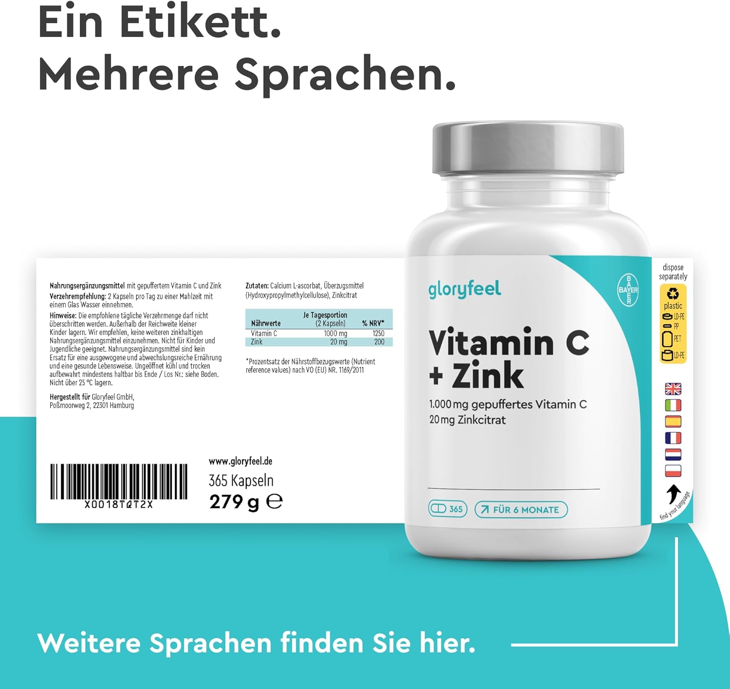 Ausdauer & Energie – Vitamin C + zinc - 365 vegan capsules - 1000 mg buffered vegetable vitamin C (acid-free and stomach friendly) plus 20 mg zinc per daily dose - laboratory tested without additives made in Germany. – Bild 8