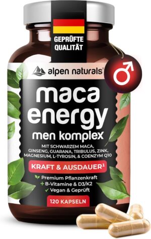 Ausdauer & Energie – Maca Energy Complex for Men - 120 Capsules with Maca, Ginseng, Guarana, Zinc & Coenzyme Q10 - High Dose, Vegan & Laboratory Tested - Made in Germany