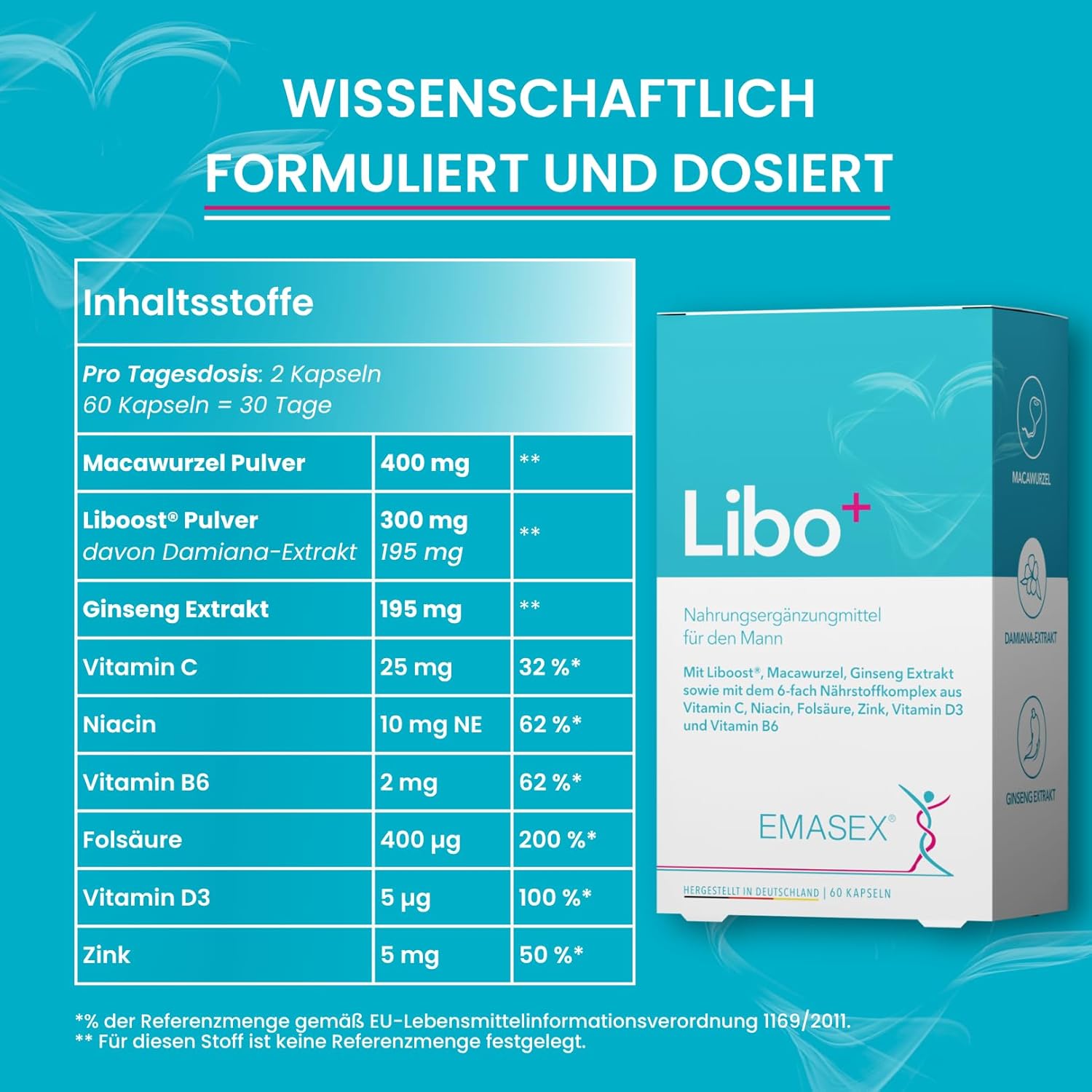 Potenzmittel & Standfestigkeit – Emasex® Libo+ - High Dose Men's Remedy to Support Libido, Energy & Performance with Liboost®, Maca, Ginseng and Zinc, Vitamin C, B6, D3, Niacin & Folic Acid – Bild 4