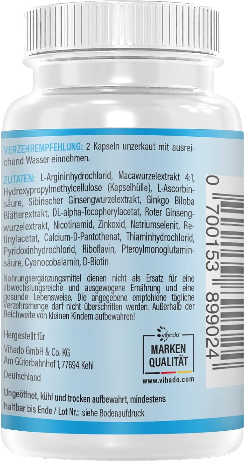 Potenzmittel & Standfestigkeit – Vihado 4MEN 2.0 Men's Capsules Extra Strong Durable Formula High Dose with L-Arginine, Maca, Vitamins, Ginseng, Ginkgo, 60 Capsules – Bild 3