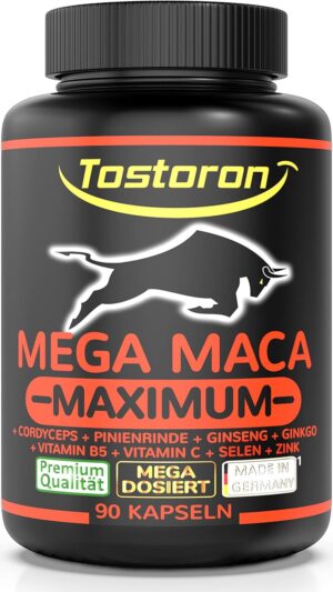 Ausdauer & Energie – Tostoron Mega Maca Maximum High Dose – Get the Tostoron Hammer Directly Home! 90 Capsules + Cordyceps, Pine Bark Extract, Ginseng, Ginkgo, Vitamin C + B5, Selenium, Zinc (1 x 76.6 g)