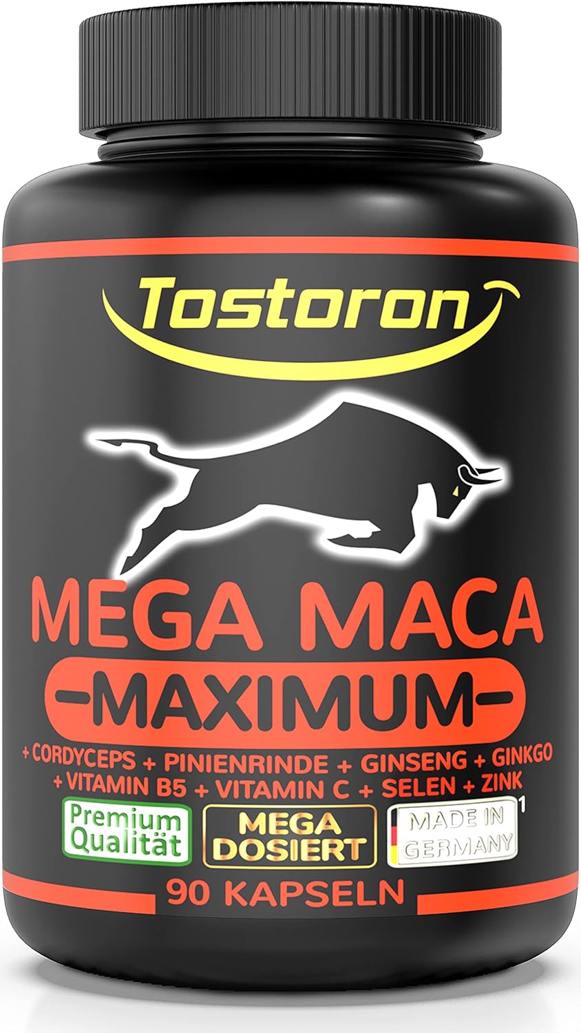 Ausdauer & Energie – Tostoron Mega Maca Maximum High Dose – Get the Tostoron Hammer Directly Home! 90 Capsules + Cordyceps, Pine Bark Extract, Ginseng, Ginkgo, Vitamin C + B5, Selenium, Zinc (1 x 76.6 g)