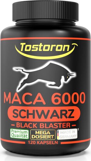 Ausdauer & Energie – Tostoron Maca 6000 Black High Dose 120 Capsules, Tribulus, Cordyceps, Ginseng, Ginkgo, Pine Bark, Vitamin C, Selenium, Zinc, 1 Tin (1 x 95.9 g)