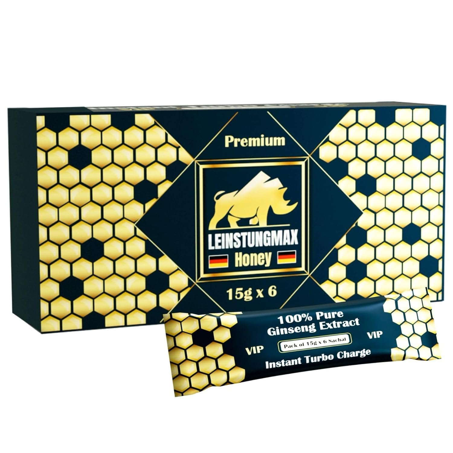 Potenzmittel & Standfestigkeit – Premium Leinstungmax Honey, 100% Pure with Ginseng Extract, Honey, Vitamin C, Tribulus Extract, Fenugreek Extract, Extra Strong, Instant Effect for Men's Intimate Moments, 6 Bags