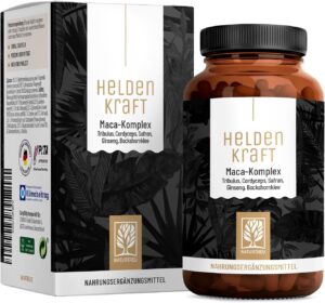 Ausdauer & Energie – Maca Capsules High Dose – Maca 20:1 Extract with Tribulus Terrestris, Cordyceps, Fenugreek, Zinc, Ginseng, Saffron, Selenium – 90 Capsules, Heldenkraft for Men