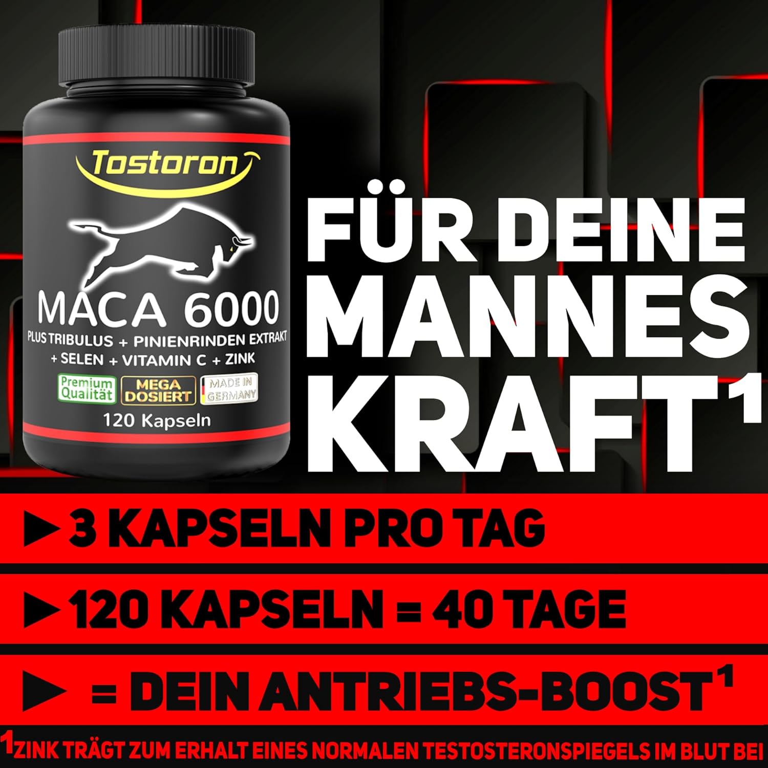 Ausdauer & Energie – Tostoron MACA 6000 high dosage - get the TOSTORON HAMMER direct to your home. 120 Capsules, Plus Tribulus, Pine Bark Extract, Vitamin C, Selenium, Zinc - Laboratory Tested, 1 Tin (1 x 100 g) – Bild 3