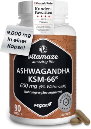 Ausdauer & Energie – Organic Ashwagandha KSM-66 9000 mg (15:1) High Potency 3 Months (90 Capsules, One Daily) Root Extract with 5% Withanolides Vegan No Additives