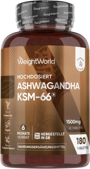 Potenzmittel & Standfestigkeit – Ashwagandha KSM-66-1500mg Ashwagandha per Day - High Dose - 6 Months Supply with 180 Vegan Tablets - Alternative to Capsules & Powder - Withania Somnifera by WeightWorld