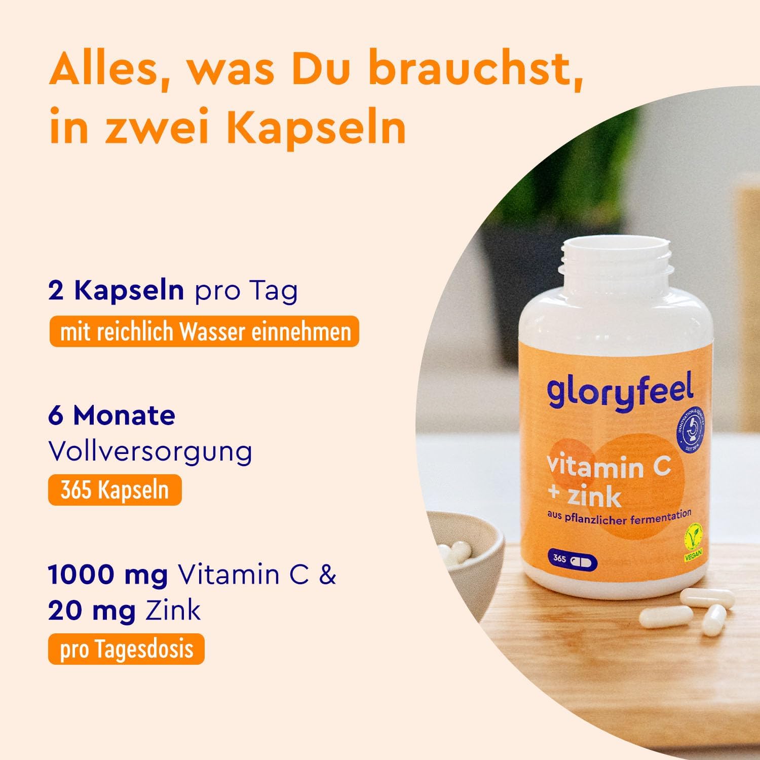 Ausdauer & Energie – Vitamin C + zinc - 365 vegan capsules - 1000 mg buffered vegetable vitamin C (acid-free and stomach friendly) plus 20 mg zinc per daily dose - laboratory tested without additives made in Germany. – Bild 4