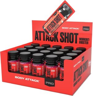 Ausdauer & Energie – Body Attack Pre Workout Booster Shot - Wildberry - 20 x 60 ml - Pre-Workout Booster Attack Shot with Caffeine, Taurine, Beta-Alanine, L-Tyrosine & L-Citrulline - Energy Drink to Go for Intensive