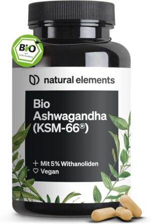 Ausdauer & Energie – natural elements Organic Ashwagandha - KSM-66 Premium Raw Material (180 Capsules with Above Average Range) - 5% Withanolide Content - Laboratory Tested, Vegan and High Dose