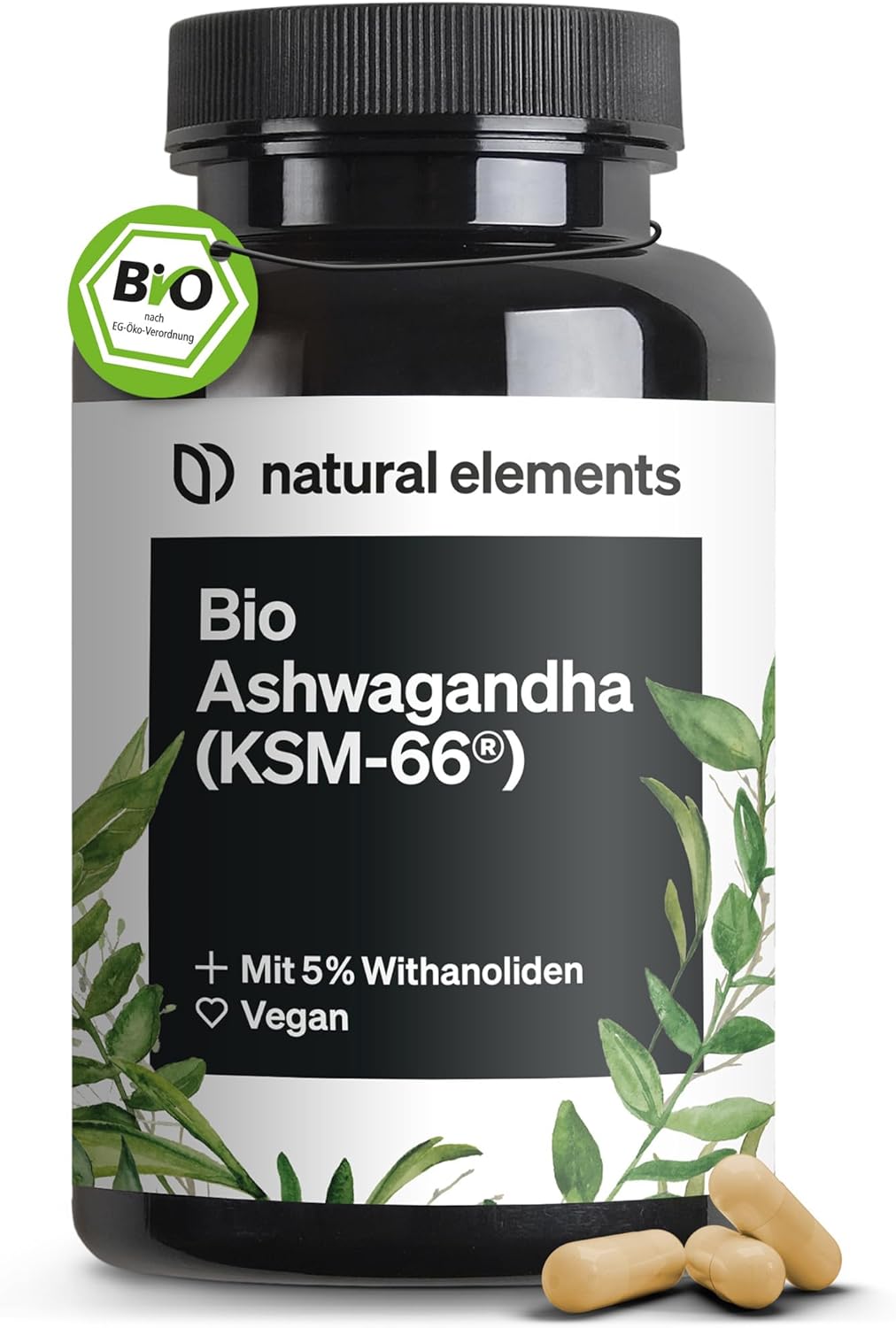 Ausdauer & Energie – natural elements Organic Ashwagandha - KSM-66 Premium Raw Material (180 Capsules with Above Average Range) - 5% Withanolide Content - Laboratory Tested, Vegan and High Dose