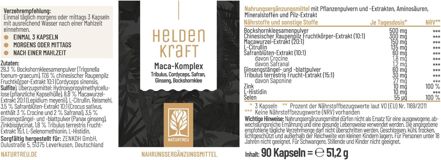 Ausdauer & Energie – Maca Capsules High Dose – Maca 20:1 Extract with Tribulus Terrestris, Cordyceps, Fenugreek, Zinc, Ginseng, Saffron, Selenium – 90 Capsules, Heldenkraft for Men – Bild 3