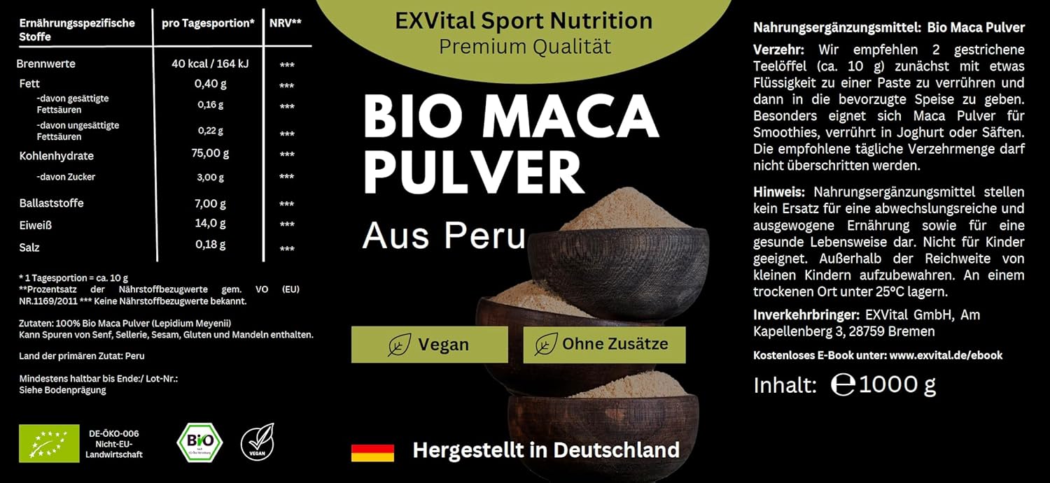 Potenzmittel & Standfestigkeit – EXVital Organic Maca Powder from Peru, 1 kg, Bottled in Germany, From Controlled Organic Cultivation Without Additives and Preservatives, Vegan. – Bild 10