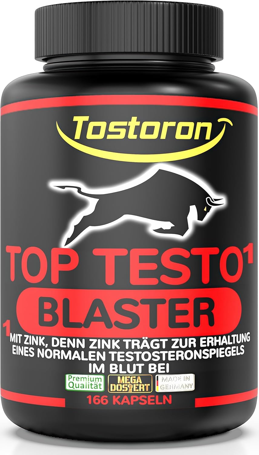 Ausdauer & Energie – Top Testo¹ Blaster High Dose ¹ Zinc Contributes to Maintaining a Normal Testosterone Level - 166 Capsules Tribulus, Maca Black, Arginine, Citrulline, Cordyceps, with 14 Mega Ingredients, 1 Tin (1 x
