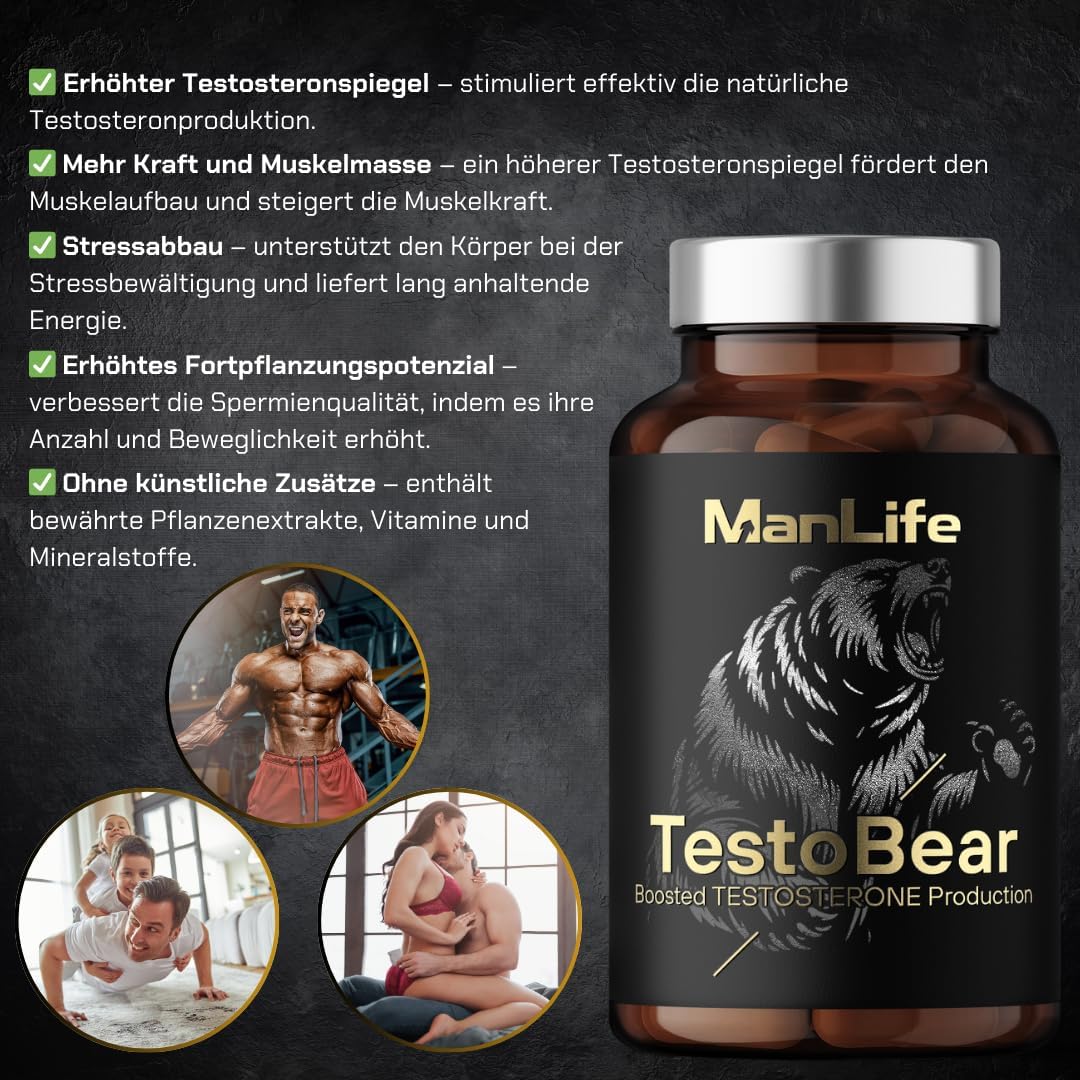 Ausdauer & Energie – Testosterone Booster for Men - TestoBear 90 Vegan Capsules | Increases Testosterone, Libido, Strength, Muscle Mass and Strengthens Erection | Environmentally Friendly - Glass Bottle with Metal – Bild 3