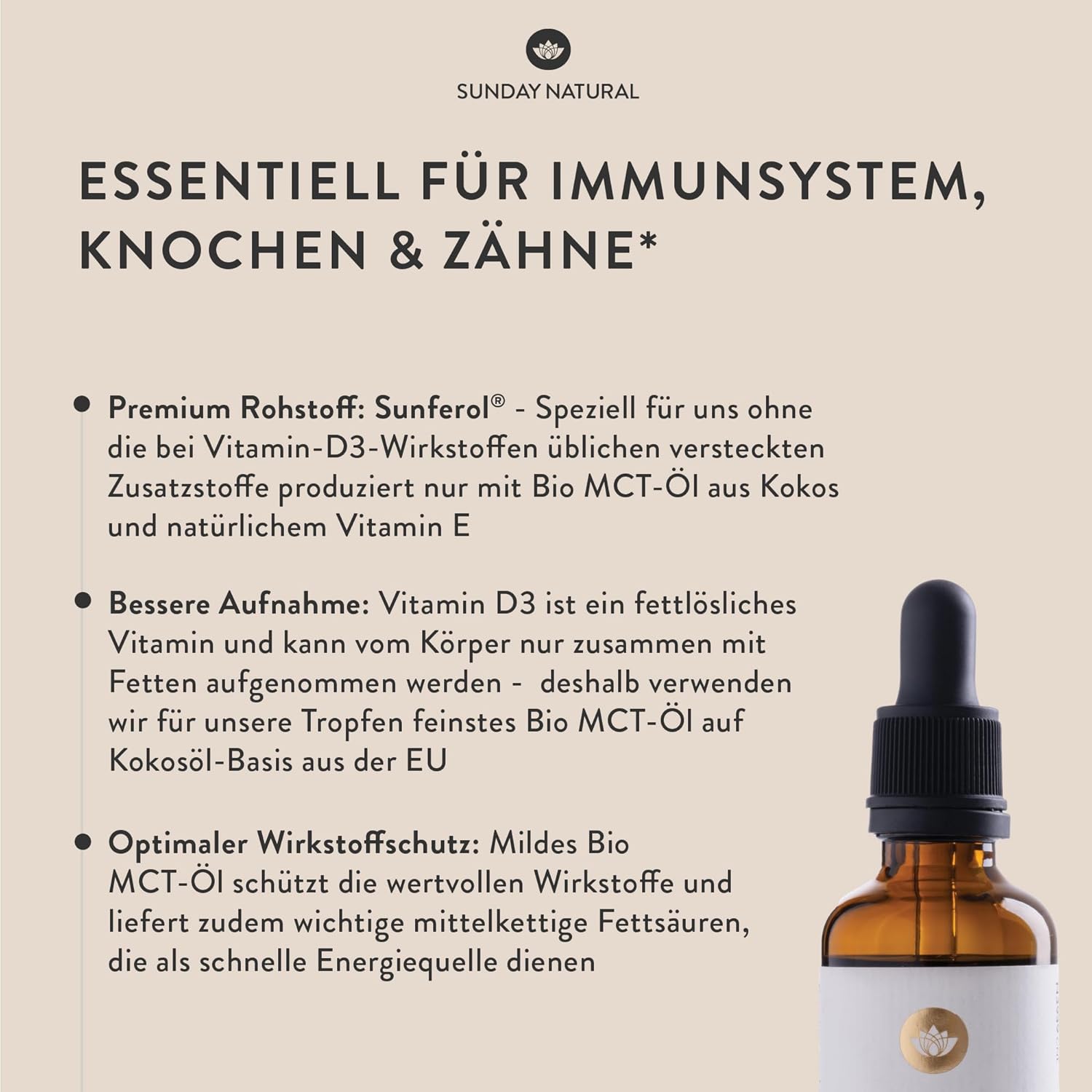 Ausdauer & Energie – SUNDAY NATURAL Vitamin D3 Drops High Dose - 2000 IU Sunferol D3 per Drop - Premium Vitamin D High Dose Dissolved in MCT Coconut Oil, Long-Term Supply (50 ml), Laboratory Tested – Bild 4