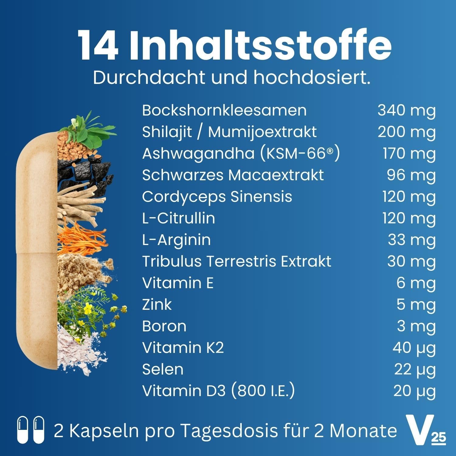 Ausdauer & Energie – T-Level Testosterone¹ Capsules - High Dose with Shilajit, Ashwagandha KSM-66, Maca Black, Fenugreek, Tribulus, Cordyceps, Boron, Aminos - Vegan - 120 Capsules for 2 Months - Vital25 – Bild 4