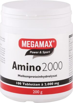 Ausdauer & Energie – Megamax Amino 2000 Amino Acid Tablets, 100 Tablets, Pure Whey Protein Hydrolysate, Amino Acids Complex with (BCAA & EAA) and 7 Essential Aminos, Muscle Building, for Strength Sports and Bodybuilders PZN 0027619