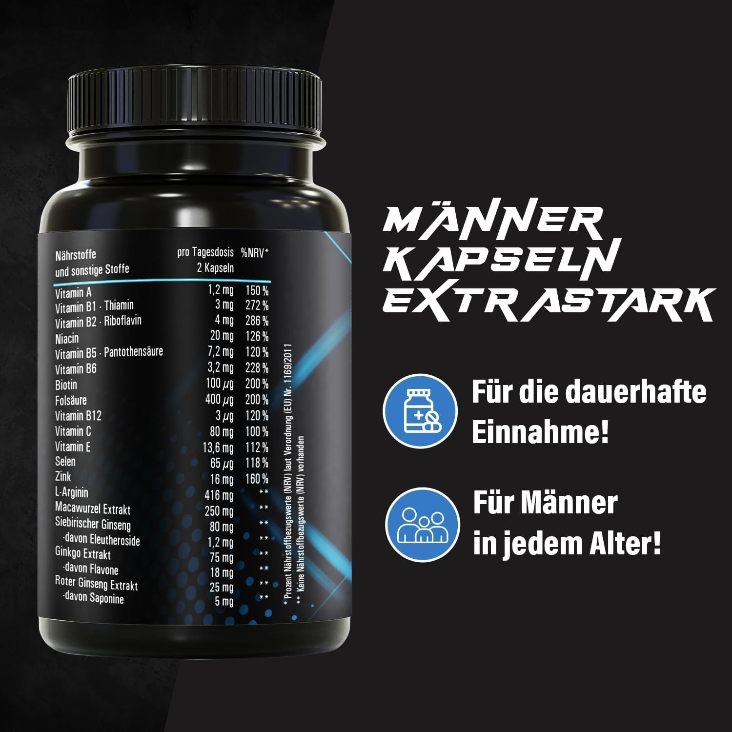 Ausdauer & Energie – MEN INTENSE Men's Capsules Extra Strong Durable Formula High Dose with L-Arginine, Maca, Vitamins, Ginseng, Ginkgo, 60 Capsules – Bild 4