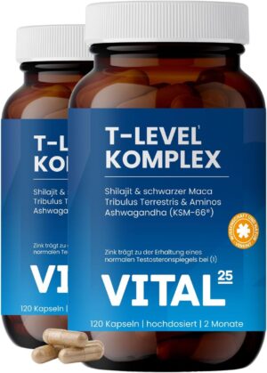 Ausdauer & Energie – T-Level Testosterone Capsules - High Dose with Shilajit, Ashwagandha KSM-66®, Maca Black, Fenugreek, Tribulus, Cordyceps, Boron, Aminos - Laboratory Tested & Vegan - 240 Capsules for 4 Months