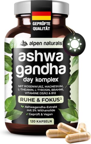 Ausdauer & Energie – Ashwagandha Complex Day Formula - 120 Capsules with Ashwagandha, Rose Root, Brahmi, Magnesium & Vitamins B & D3/K2 - High Dose, Vegan & Laboratory Tested - Made in Germany