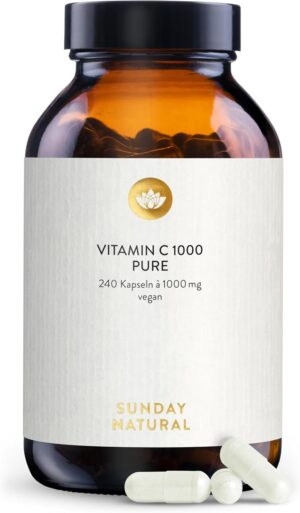 Ausdauer & Energie – SUNDAY NATURAL Pure Vitamin C High Dose - Pure Vitamin C 1000 mg per Capsule - High-Quality Ascorbic Acid with ≥ 99% Purity - 240 Vegan Capsules - Laboratory Tested, No Other Additives