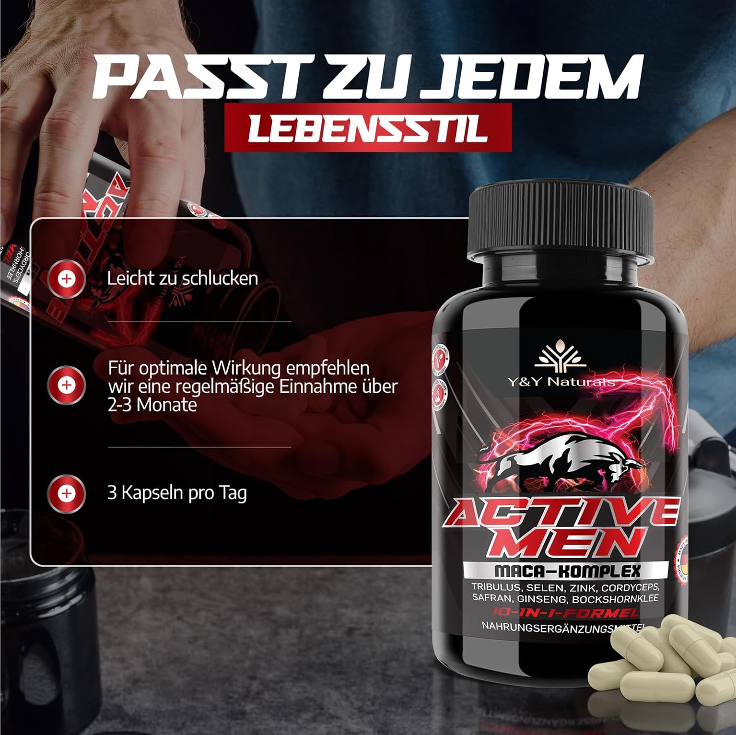 Ausdauer & Energie – Men's Testosterone¹ Capsules - 10-in-1 Complex High Dose with Zinc & Maca 20:1 Extract | Tribulus, Fenugreek, Cordyceps | Made in Germany | Laboratory Tested & Vegan – Bild 6