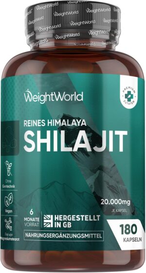 Ausdauer & Energie – Pure Himalayan Shillajit (Mumijo) - 20,000 mg - 180 Vegan Capsules for 6 Months Supply - Derived from Himalayan Stone - Shilajit Extract (40:1) - Alternative to Powder & Resin (Resin) - by WeightWorld