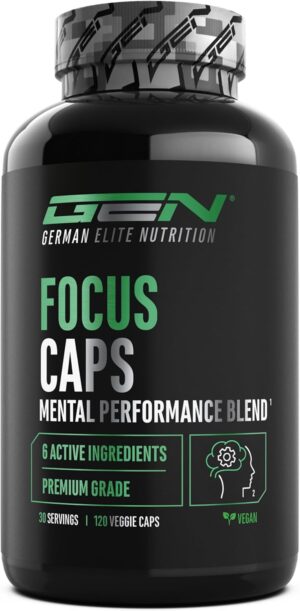 Ausdauer & Energie – Focus Caps - 120 Capsules - Mental Performance Blend with L-Theanine, Green Tea, Guarana, Citrus Aurantium Extract Caffeine, D-Glucuronolactone - High Dose, Vegan