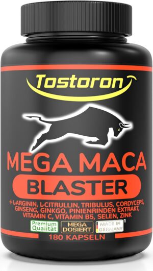 Ausdauer & Energie – Tostoron Mega Maca Blaster High Dose - Get the Tostoron Hammer Directly Home! 180 Capsules Maca Black, L-Arginine + Citrulline, Tribulus, Cordyceps, Pine, Selenium, Zinc, 1 Tin (1 x 158.4 g)