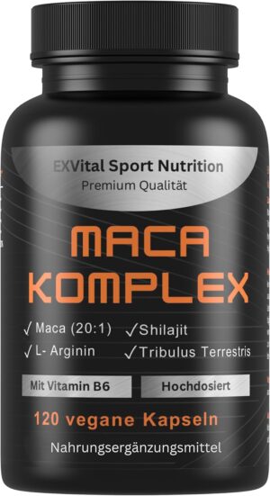 Ausdauer & Energie – EXVital® Maca Complex High Dose - Maca 20:1 Extract with Tribulus Terrestris, Shilajit, L-Arginine & Vitamin B6, Active Booster, 120 Vegan Capsules, Laboratory Tested