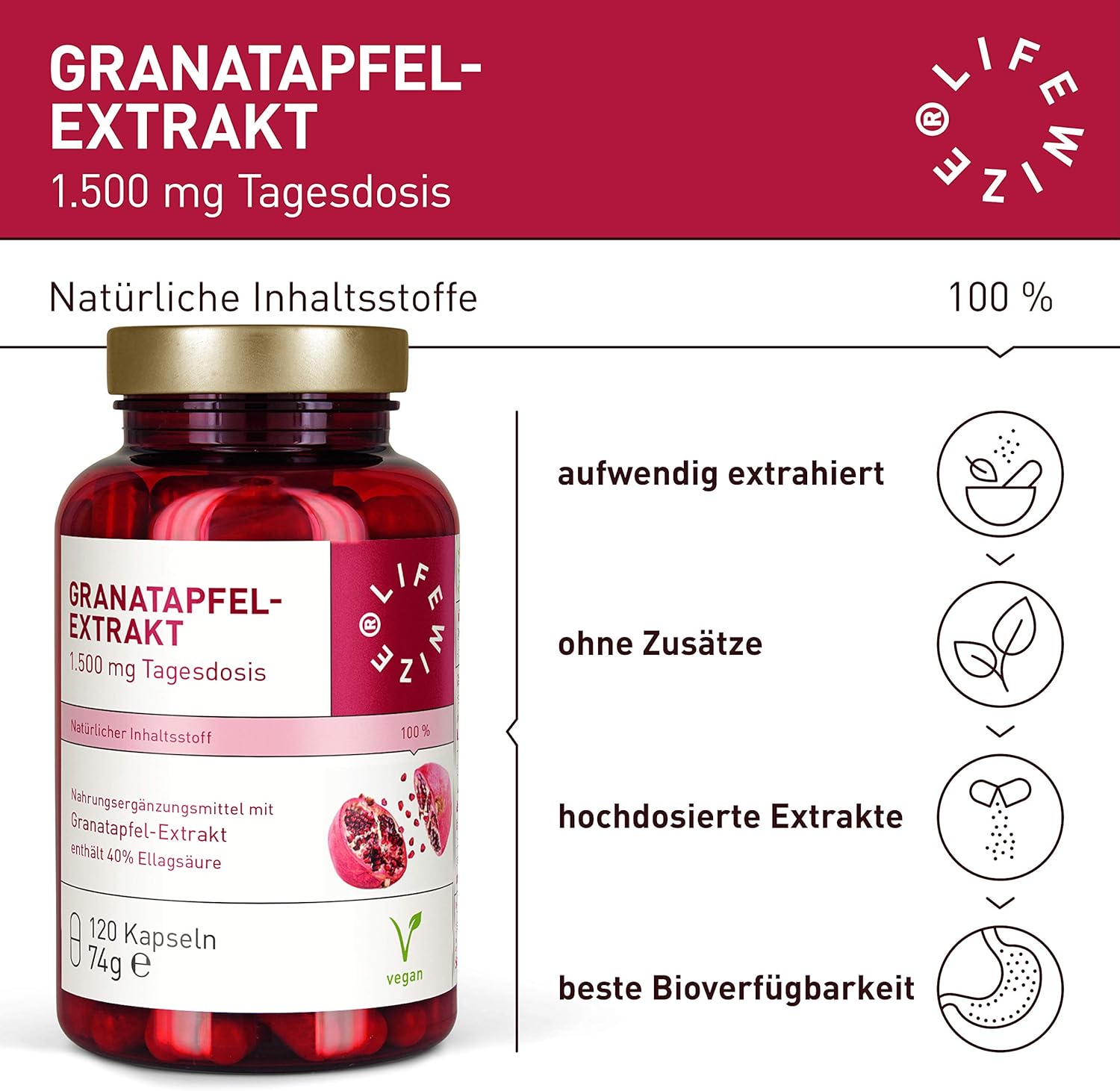 Ausdauer & Energie – LifeWize® Pomegranate Extract – 40% Ellagic Acid – 1500 mg High Dose per Daily Dose – 120 Capsules – Vegan & Made in Germany without Additives – Bild 3