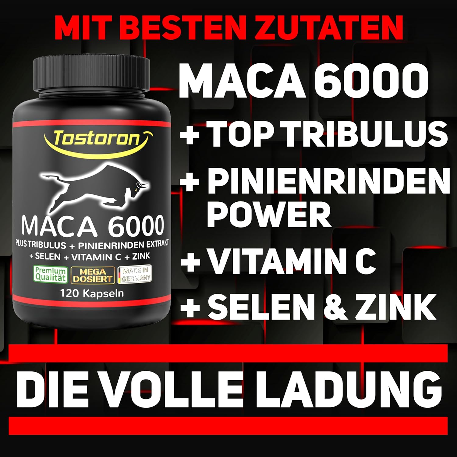 Ausdauer & Energie – Tostoron MACA 6000 high dosage - get the TOSTORON HAMMER direct to your home. 120 Capsules, Plus Tribulus, Pine Bark Extract, Vitamin C, Selenium, Zinc - Laboratory Tested, 1 Tin (1 x 100 g) – Bild 4