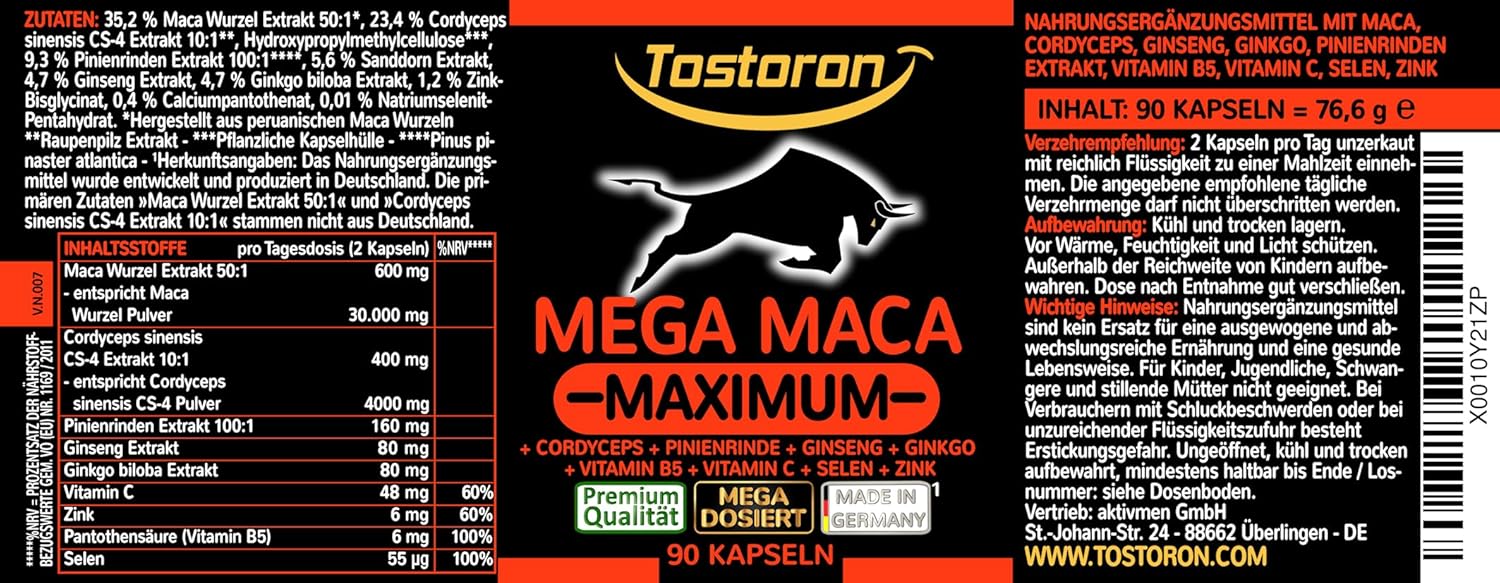 Ausdauer & Energie – Tostoron Mega Maca Maximum High Dose – Get the Tostoron Hammer Directly Home! 90 Capsules + Cordyceps, Pine Bark Extract, Ginseng, Ginkgo, Vitamin C + B5, Selenium, Zinc (1 x 76.6 g) – Bild 8