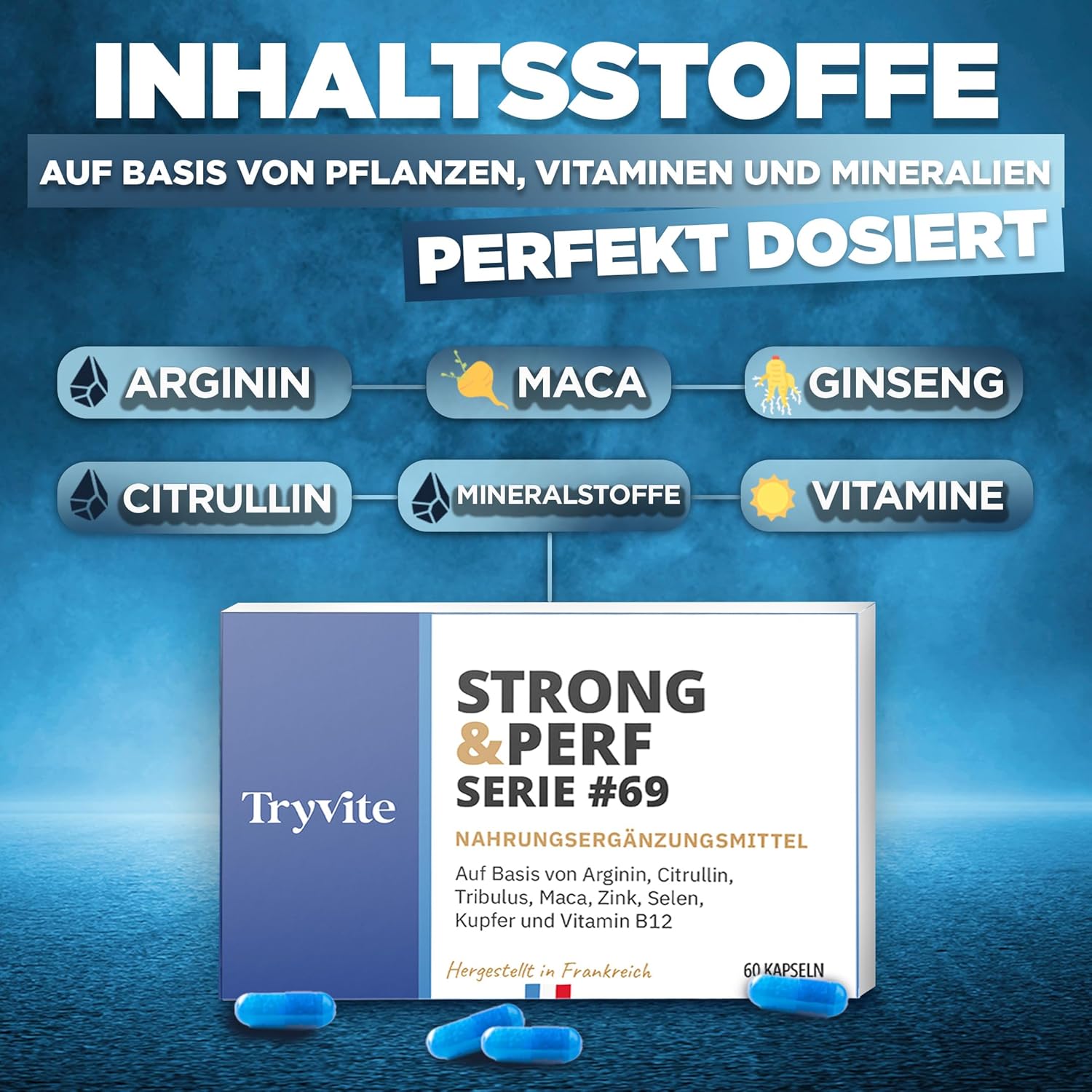 Ausdauer & Energie – 60 Blue Capsules for Men | Quick Starting Formula for an Active Lifestyle | With Ginseng, Maca, Arginine, Citrulline & Zinc | TRYVITE STRONG & PERF – Bild 3