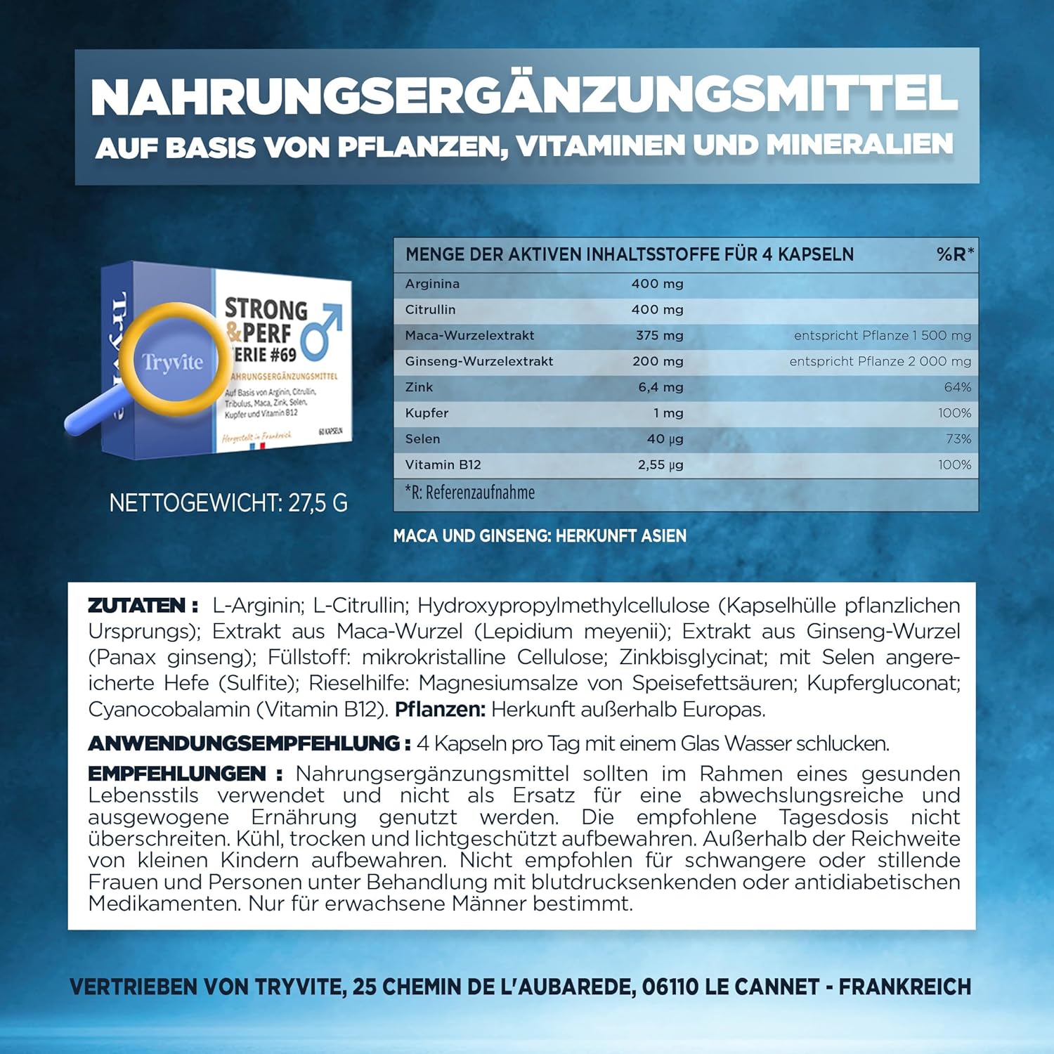 Ausdauer & Energie – 60 Blue Capsules for Men | Quick Starting Formula for an Active Lifestyle | With Ginseng, Maca, Arginine, Citrulline & Zinc | TRYVITE STRONG & PERF – Bild 4