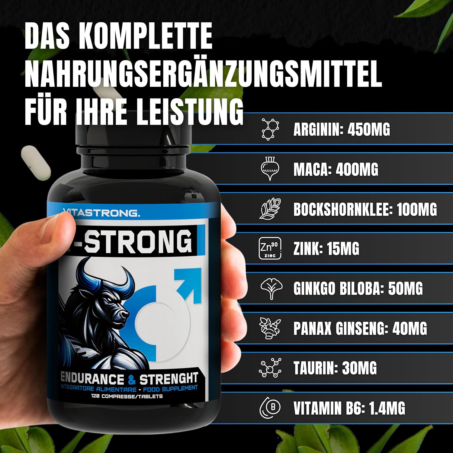 Ausdauer & Energie – Vitastrong Vitality Complex - 120 T-Strong Capsules with Arginine, Taurine, Maca, Fenugreek, Ginseng, Ginkgo, Zinc, Vitamin B6 - Energy, Male Wellbeing and Performance Support – Bild 5