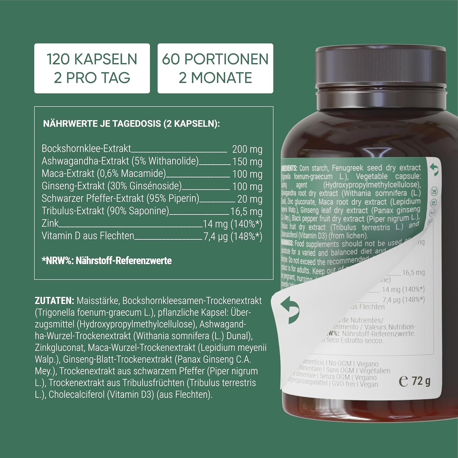 Ausdauer & Energie – Nullure Testo-One T Capsules | Independently Tested | Maca + Tribulus + Fenugreek + Ashwagandha + Ginseng + Zinc | Vegan & No Additives | 120 Pieces 2 Months – Bild 6