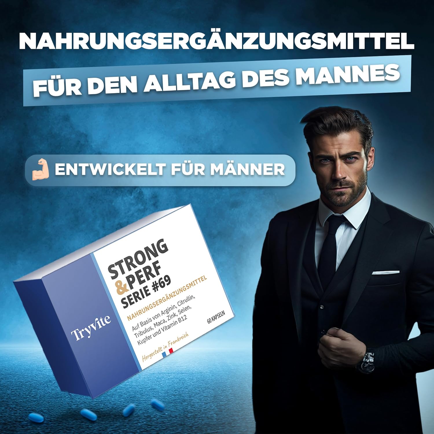 Ausdauer & Energie – 60 Blue Capsules for Men | Quick Starting Formula for an Active Lifestyle | With Ginseng, Maca, Arginine, Citrulline & Zinc | TRYVITE STRONG & PERF – Bild 2