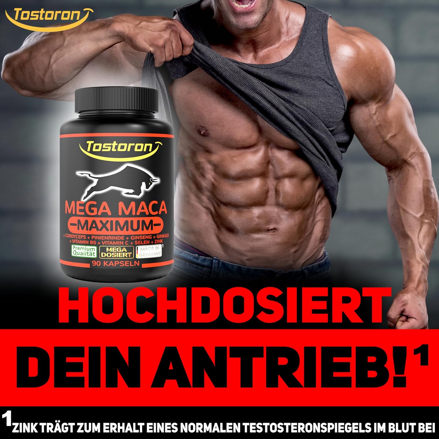 Ausdauer & Energie – Tostoron Mega Maca Maximum High Dose – Get the Tostoron Hammer Directly Home! 90 Capsules + Cordyceps, Pine Bark Extract, Ginseng, Ginkgo, Vitamin C + B5, Selenium, Zinc (1 x 76.6 g) – Bild 3