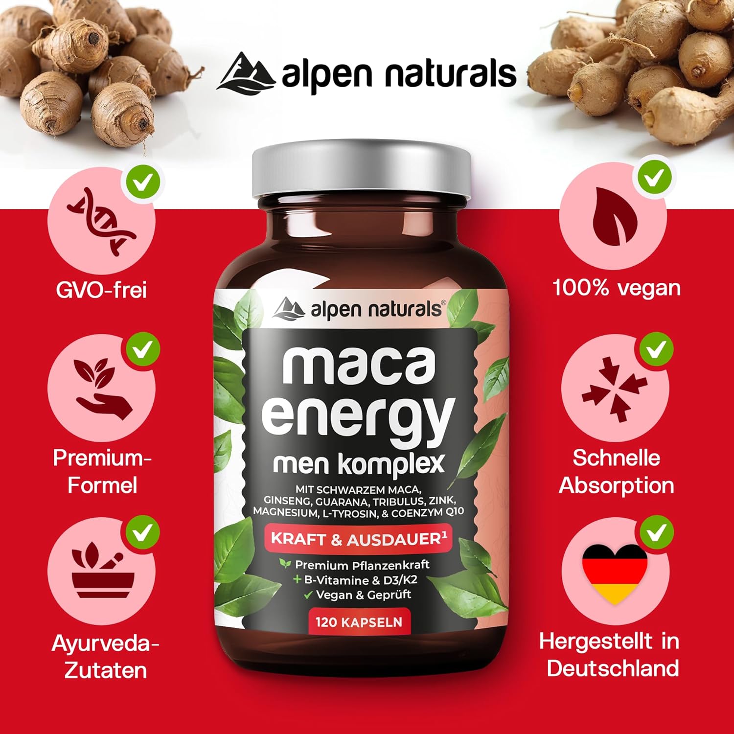 Ausdauer & Energie – Maca Energy Complex for Men - 120 Capsules with Maca, Ginseng, Guarana, Zinc & Coenzyme Q10 - High Dose, Vegan & Laboratory Tested - Made in Germany – Bild 4