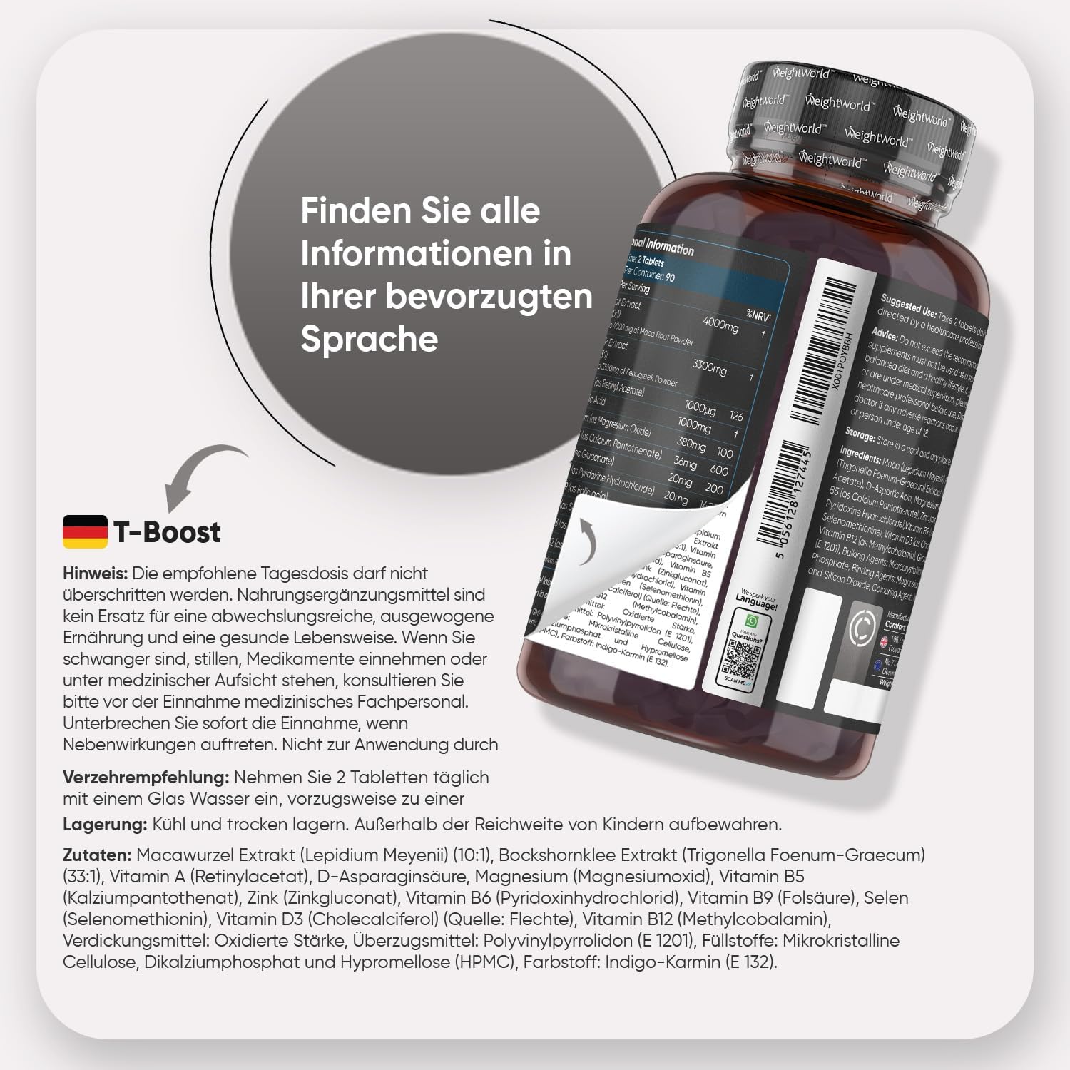 Ausdauer & Energie – T Boost - With Zinc, Maca Extract, Magnesium, Fenugreek - Dietary Supplement - 180 Vegan Tablets - 3 Months Supply - Free from Magnesium Stearate - WeightWorld – Bild 5