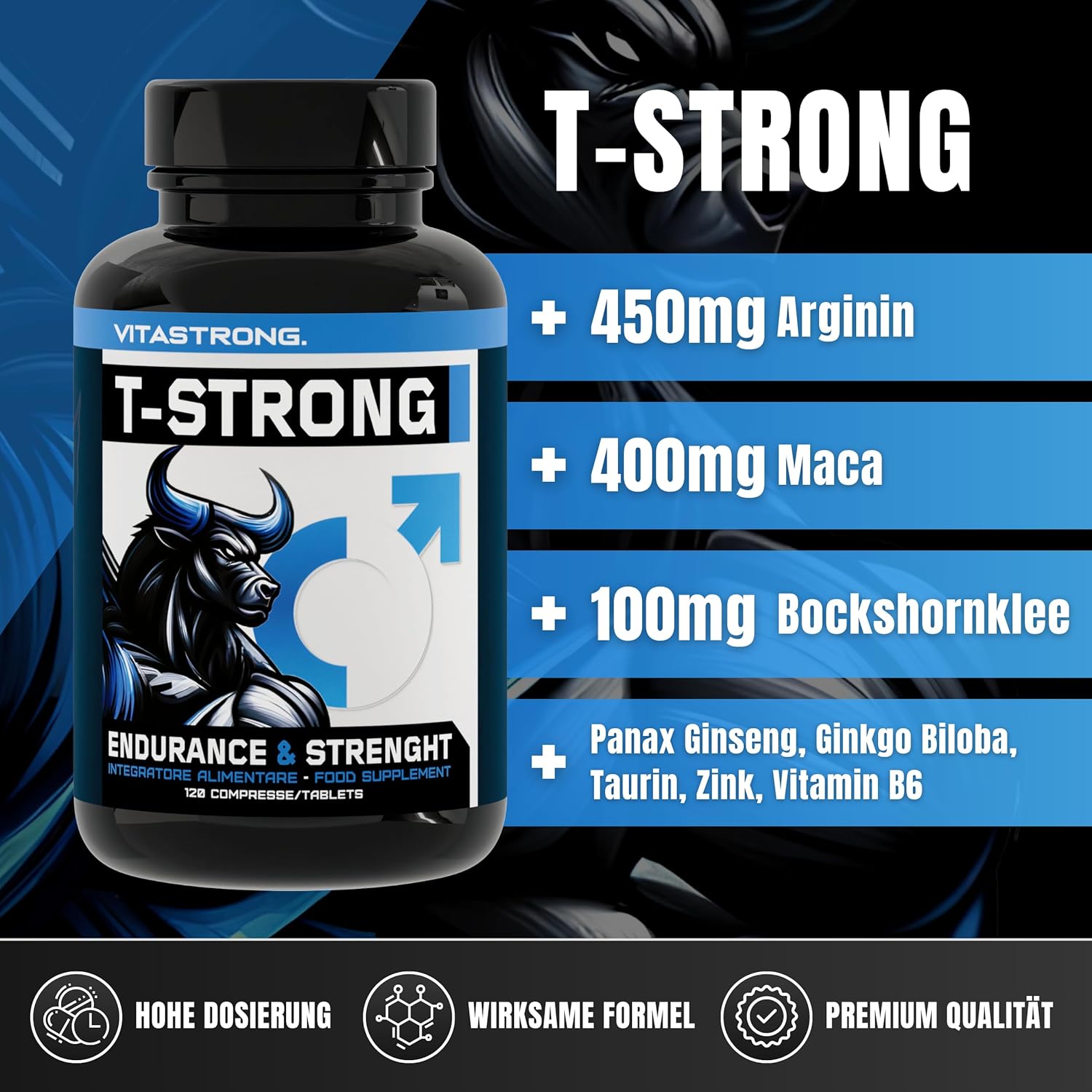 Ausdauer & Energie – Vitastrong Vitality Complex - 120 T-Strong Capsules with Arginine, Taurine, Maca, Fenugreek, Ginseng, Ginkgo, Zinc, Vitamin B6 - Energy, Male Wellbeing and Performance Support – Bild 2