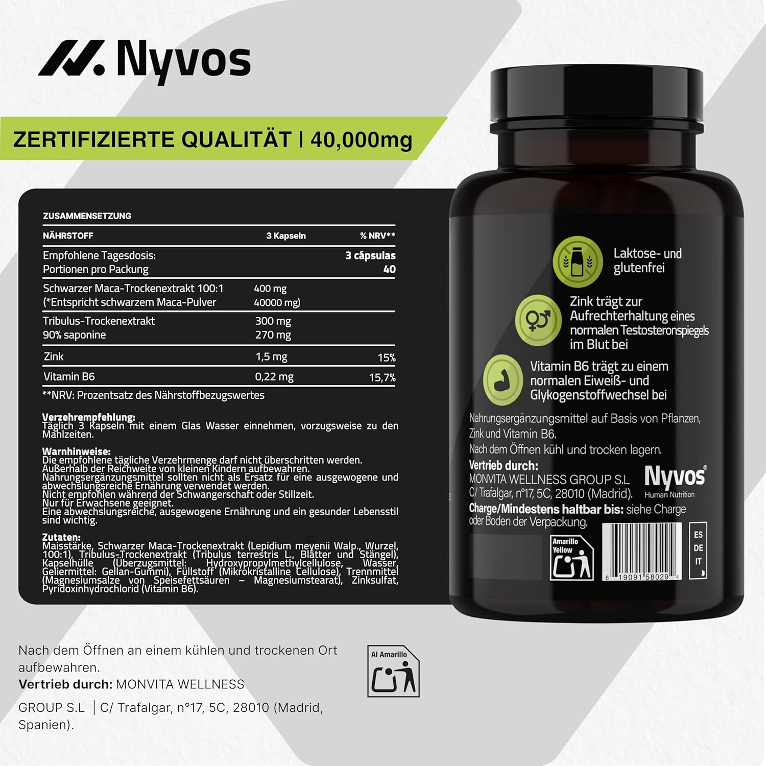 Ausdauer & Energie – Tribulus Terrestris 90% Saponins & Maca Black Capsules 40,000 mg High Dose - Formula for Energy, Vitality & Potency - with Zinc, Vitamin B6 & Maca Powder - 120 Vegan Capsules Nyvos – Bild 3