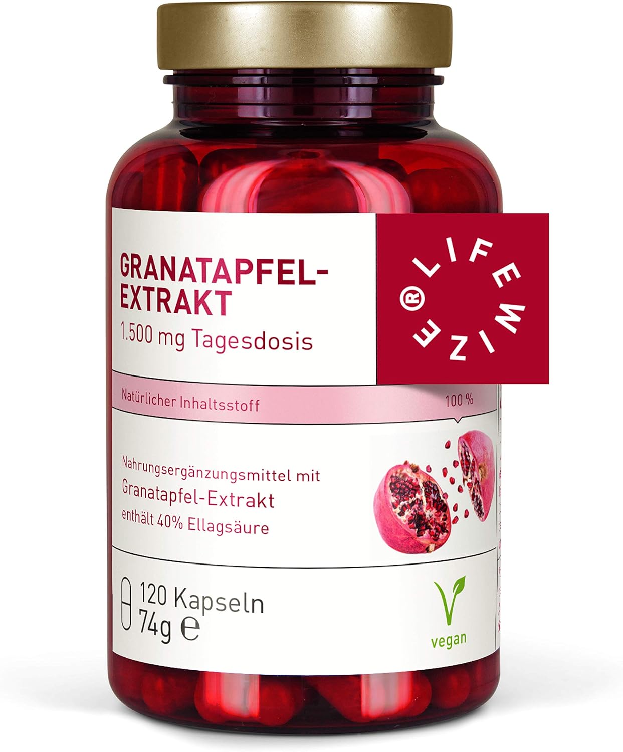 Ausdauer & Energie – LifeWize® Pomegranate Extract – 40% Ellagic Acid – 1500 mg High Dose per Daily Dose – 120 Capsules – Vegan & Made in Germany without Additives