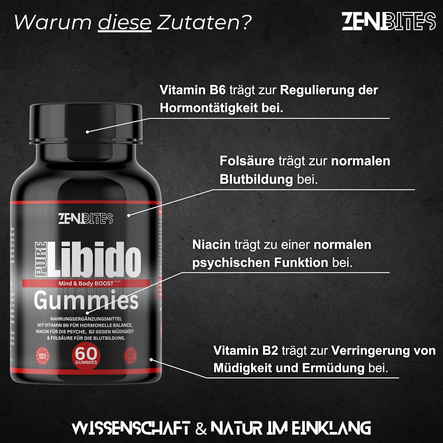 Ausdauer & Energie – Pure Libido Gummies, Vegan, Vegetable Booster for Men with Vitamin B6 for Hormonal Balance, Niacin for the Psyche, B2 Against Fatigue & Zinc for Normal Fertility – Bild 3