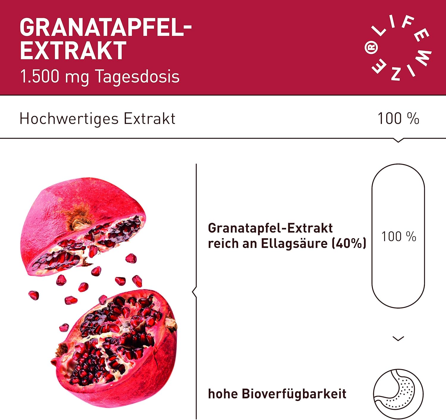 Ausdauer & Energie – LifeWize® Pomegranate Extract – 40% Ellagic Acid – 1500 mg High Dose per Daily Dose – 120 Capsules – Vegan & Made in Germany without Additives – Bild 4