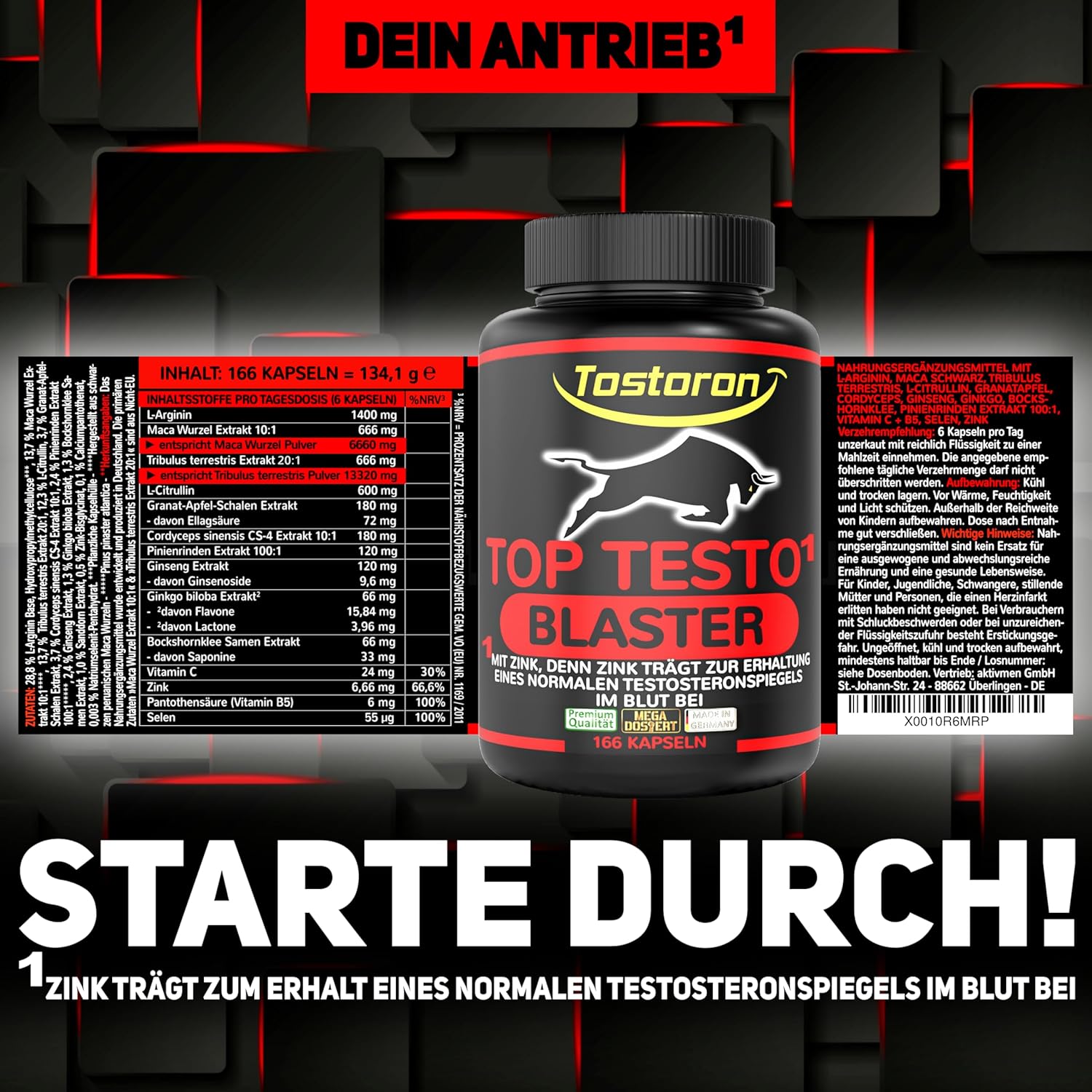 Ausdauer & Energie – Top Testo¹ Blaster High Dose ¹ Zinc Contributes to Maintaining a Normal Testosterone Level - 166 Capsules Tribulus, Maca Black, Arginine, Citrulline, Cordyceps, with 14 Mega Ingredients, 1 Tin (1 x – Bild 9